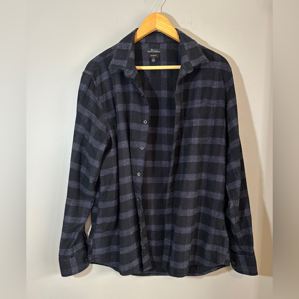 Men's Marc Anthony Slim Fit Black Gray Plaid Flannel Button Up Shirt Size Large